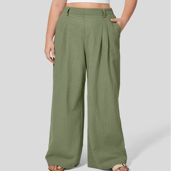Halara Wide Leg Pants MEDIUM Loden Green Pleated Front 100% Cotton Casual New - Picture 7 of 11